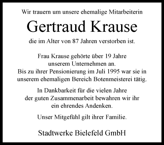 Traueranzeige von Gertraud Krause von Westfalen-Blatt