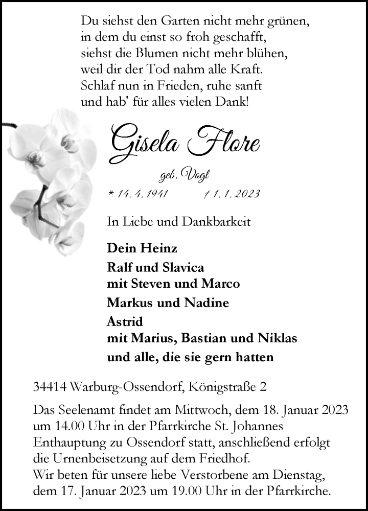  Traueranzeige für Gisela Flore vom 07.01.2023 aus Westfalen-Blatt