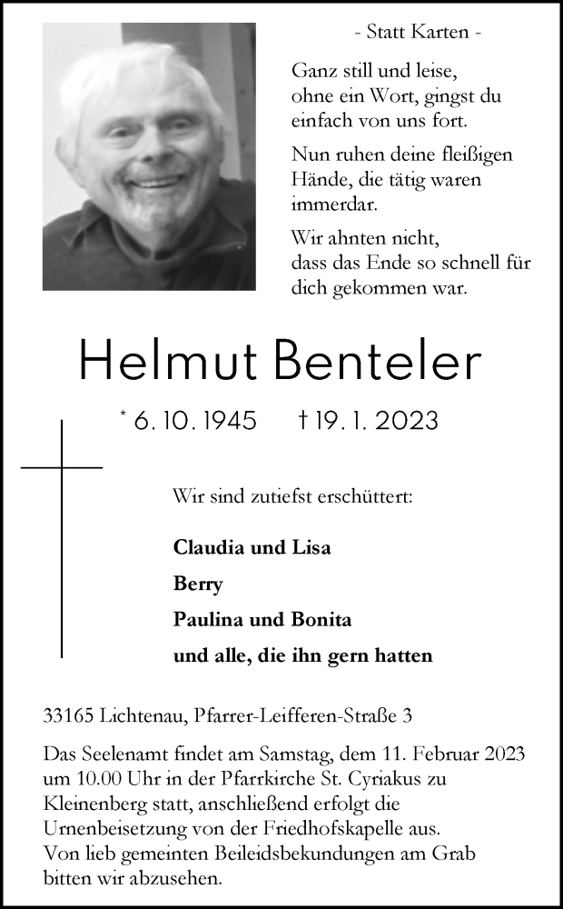  Traueranzeige für Helmut Benteler vom 28.01.2023 aus Westfalen-Blatt