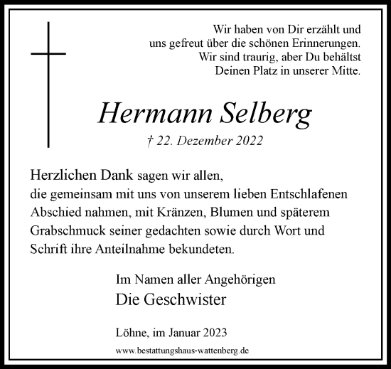 Traueranzeige von Hermann Selberg von Westfalen-Blatt