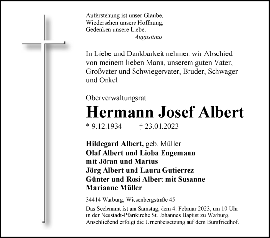 Traueranzeige von Hermann Josef Albert von Westfalen-Blatt