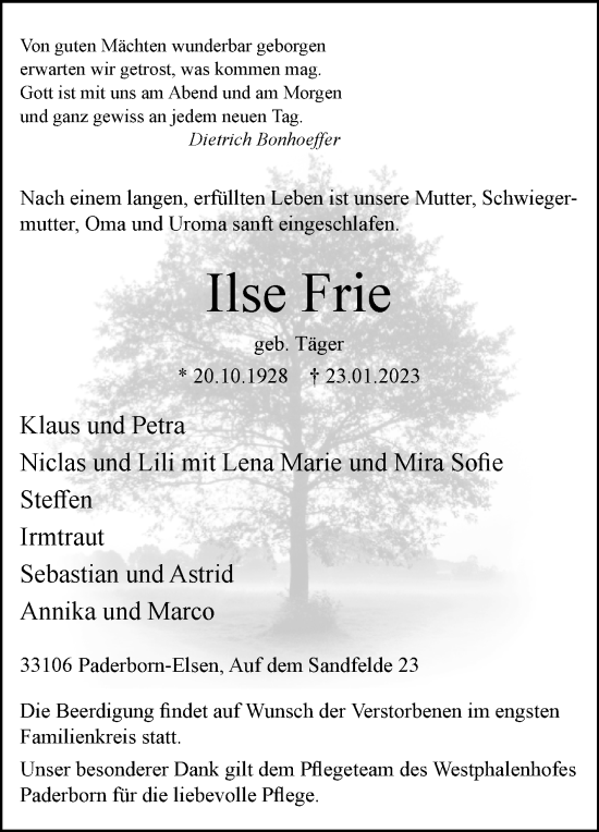 Traueranzeige von Ilse Frie von Westfalen-Blatt