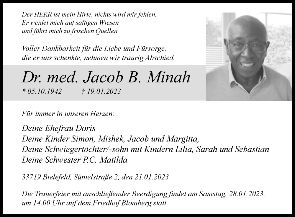  Traueranzeige für Jacob  Minah vom 21.01.2023 aus Westfalen-Blatt