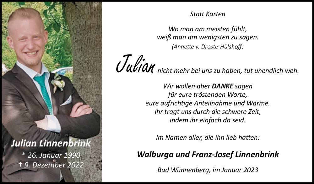  Traueranzeige für Julian Linnenbrink vom 21.01.2023 aus Westfalen-Blatt