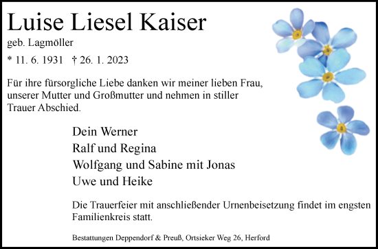 Traueranzeige von Luise Liesel Kaiser von Westfalen-Blatt