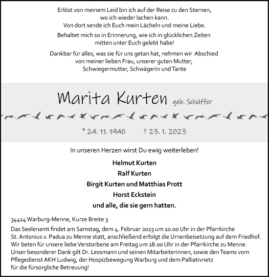 Traueranzeige von Marita Kurten von Westfalen-Blatt