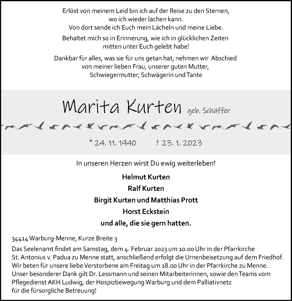  Traueranzeige für Marita Kurten vom 28.01.2023 aus Westfalen-Blatt