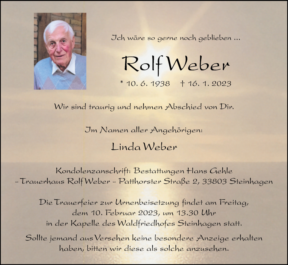  Traueranzeige für Rolf Weber vom 21.01.2023 aus Westfalen-Blatt
