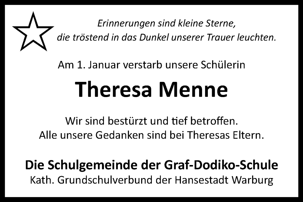  Traueranzeige für Theresa Menne vom 07.01.2023 aus Westfalen-Blatt