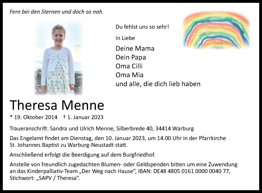  Traueranzeige für Theresa Menne vom 07.01.2023 aus Westfalen-Blatt