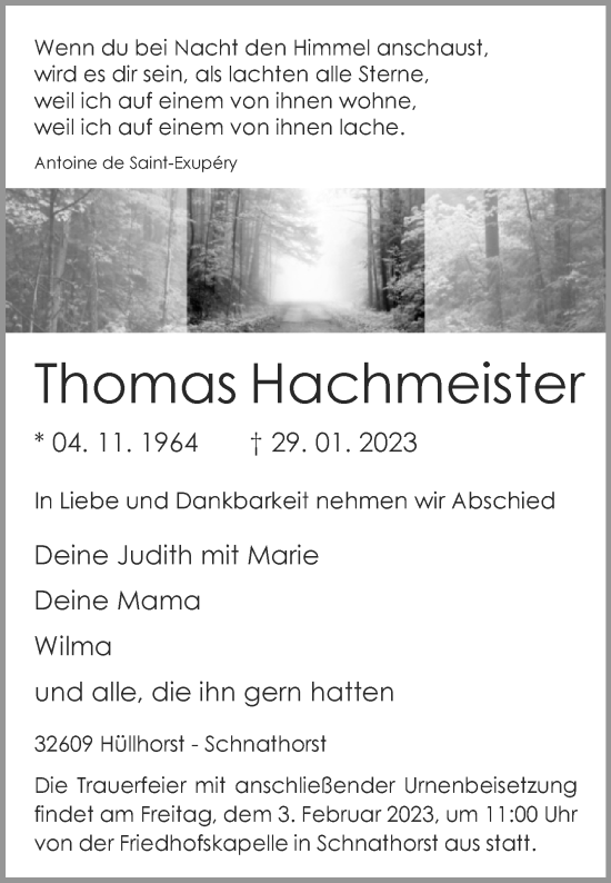 Traueranzeige von Thomas Hachmeister von Westfalen-Blatt