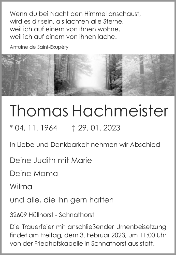  Traueranzeige für Thomas Hachmeister vom 31.01.2023 aus Westfalen-Blatt