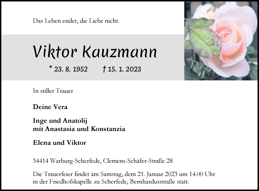  Traueranzeige für Viktor Kauzmann vom 18.01.2023 aus Westfalen-Blatt