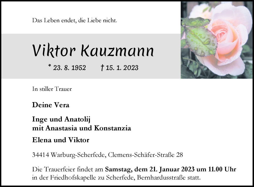  Traueranzeige für Viktor Kauzmann vom 19.01.2023 aus Westfalen-Blatt