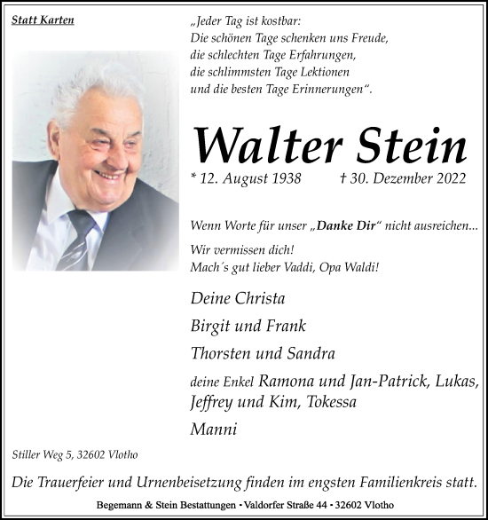 Traueranzeige von Walter Stein von Westfalen-Blatt