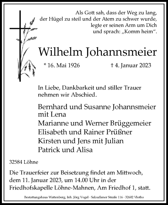 Traueranzeige von Wilhelm Johannsmeier von Westfalen-Blatt