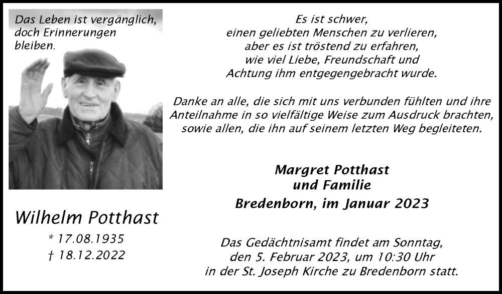  Traueranzeige für Wilhelm Potthast vom 28.01.2023 aus Westfalen-Blatt