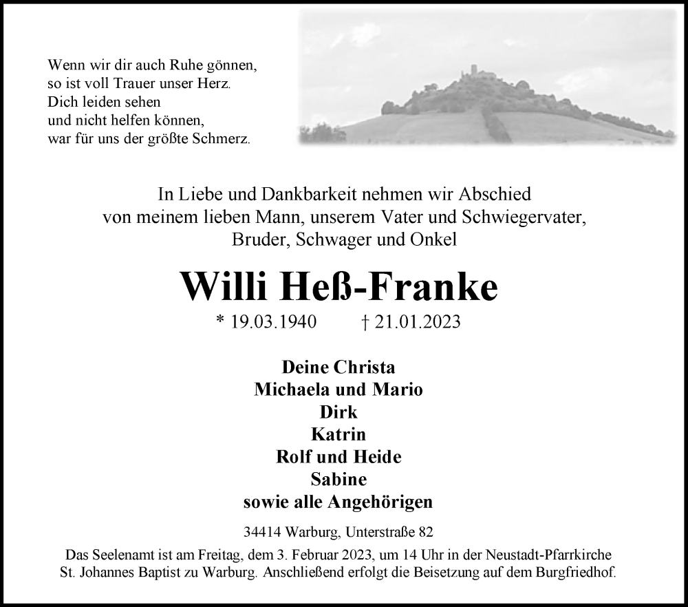  Traueranzeige für Willi Heß-Franke vom 24.01.2023 aus Westfalen-Blatt