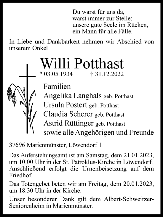 Traueranzeige von Willi Potthast von Westfalen-Blatt