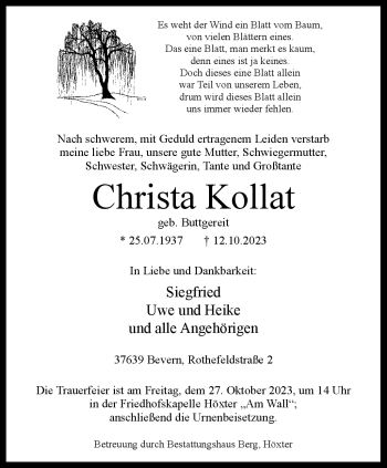 Traueranzeige von Christa Kollat von Westfalen Blatt