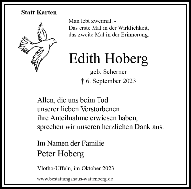 Traueranzeige für Edith Hoberg vom 07.10.2023 aus Westfalen Blatt
