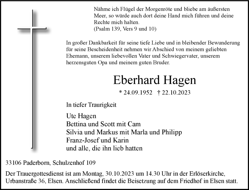  Traueranzeige für Eberhard Hagen vom 25.10.2023 aus Westfalen Blatt