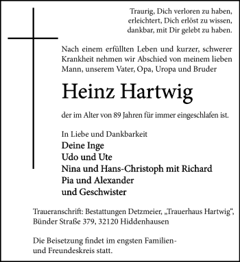 Traueranzeige von Heinz Hartwig von Westfalen Blatt