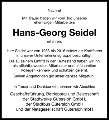 Traueranzeige von Hans-Georg Seidel von Westfalen Blatt