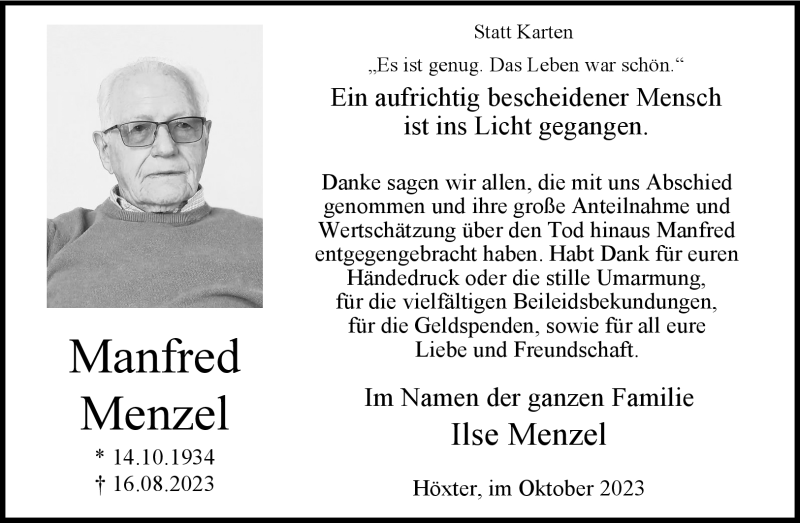  Traueranzeige für Manfred Menzel vom 07.10.2023 aus Westfalen Blatt
