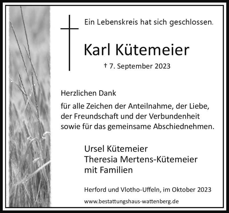  Traueranzeige für Karl Kütemeier vom 07.10.2023 aus Westfalen Blatt