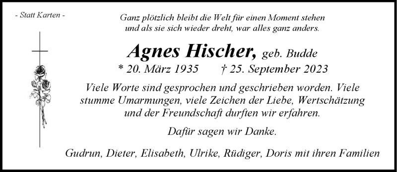  Traueranzeige für Agnes Hischer vom 14.10.2023 aus Westfalen Blatt