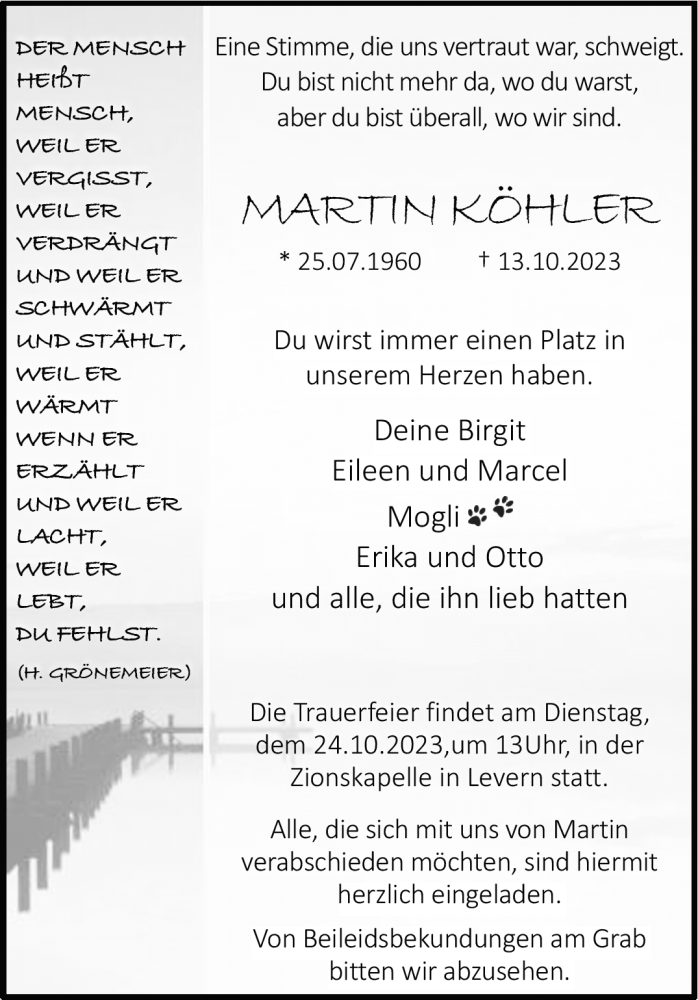  Traueranzeige für Martin Köhler vom 17.10.2023 aus Westfalen Blatt