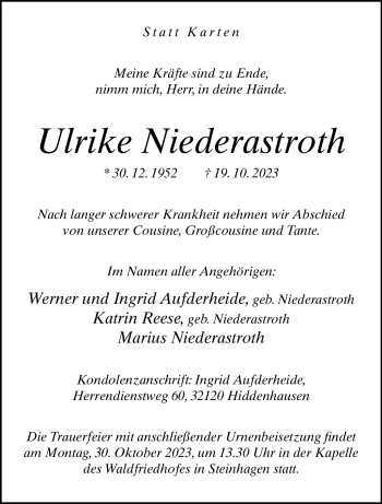 Traueranzeige von Ulrike Niederastroth von Westfalen Blatt