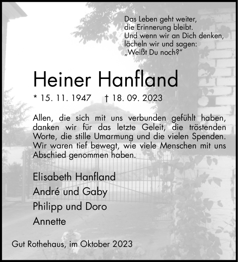  Traueranzeige für Heiner Hanfland vom 21.10.2023 aus Westfalen Blatt