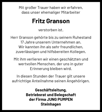Traueranzeige von Fritz Granson von Westfalen Blatt