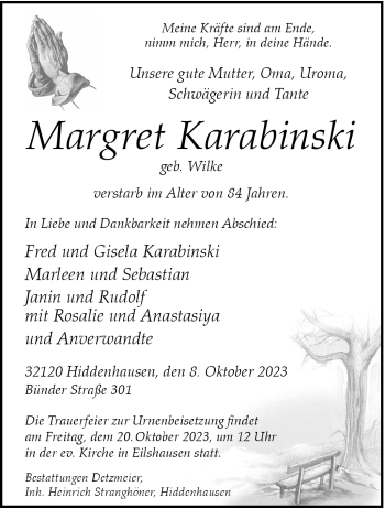 Traueranzeige von Margret Karabinski von Westfalen Blatt