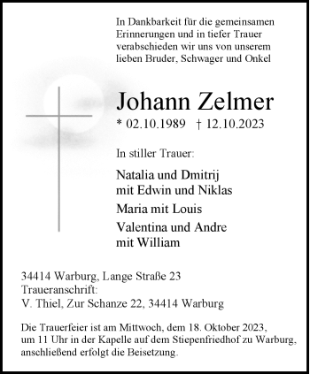 Traueranzeige von Johann Zelmer von Westfalen Blatt