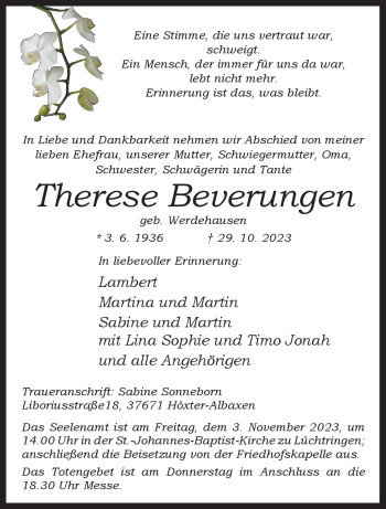 Traueranzeige von Therese Beverungen von Westfalen Blatt