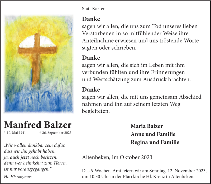  Traueranzeige für Manfred Balzer vom 28.10.2023 aus Westfalen Blatt