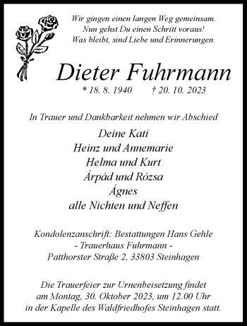 Traueranzeige von Dieter Fuhrmann von Westfalen Blatt