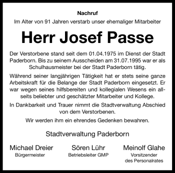 Traueranzeige von Josef Passe von Westfalen Blatt