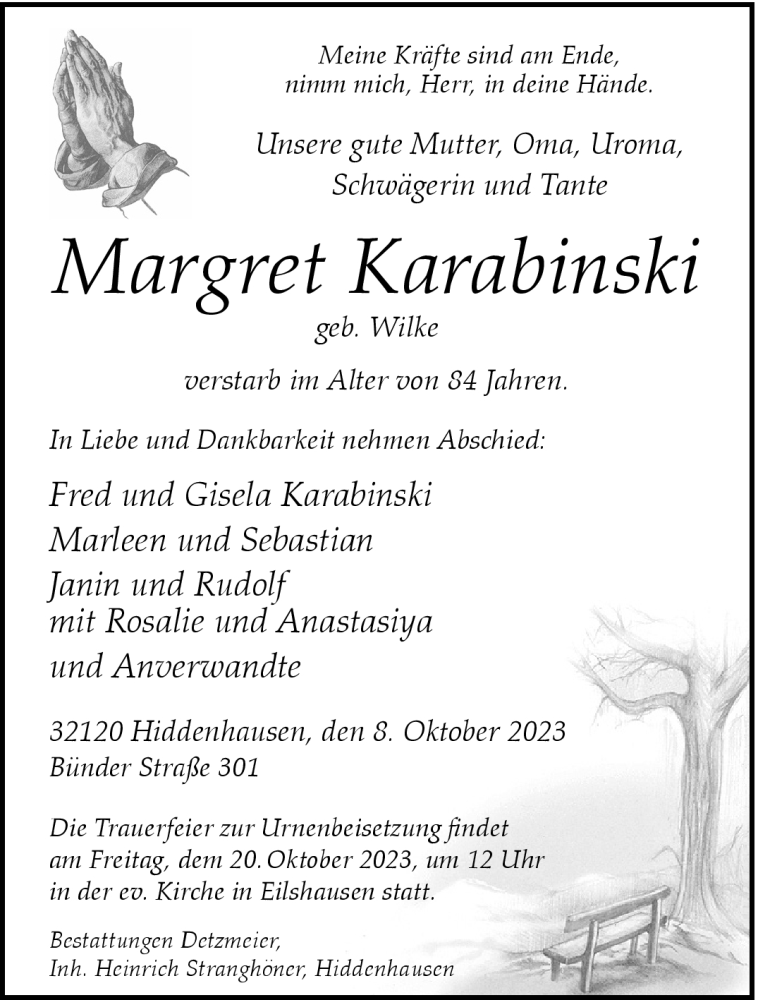  Traueranzeige für Margret Karabinski vom 14.10.2023 aus Westfalen Blatt