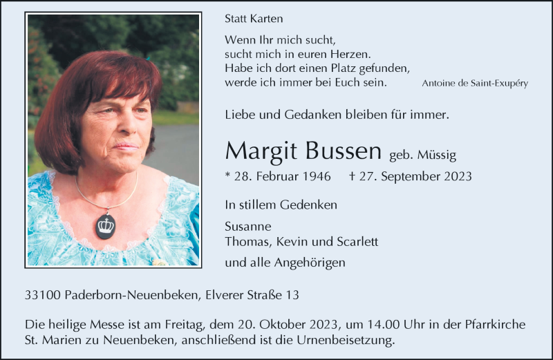  Traueranzeige für Margit Bussen vom 30.09.2023 aus Westfalen Blatt