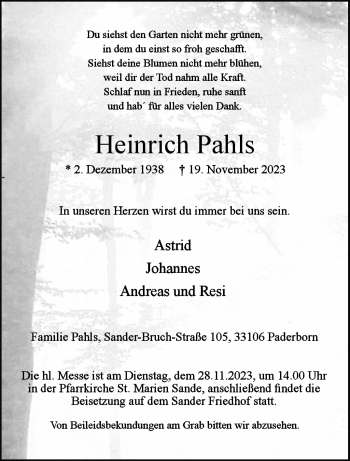 Traueranzeige von Heinrich Pahls von Westfalen Blatt