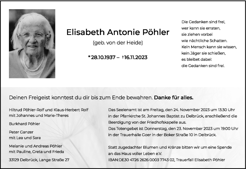  Traueranzeige für Elisabeth Antonie Pöhler vom 21.11.2023 aus Westfalen Blatt