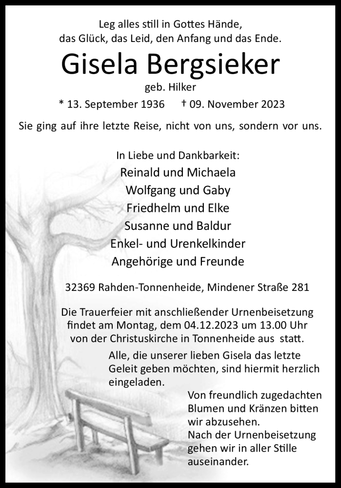  Traueranzeige für Gisela Bergsieker vom 21.11.2023 aus Westfalen Blatt