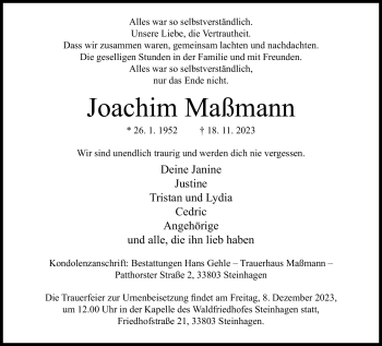 Traueranzeige von Joachim Maßmann von Westfalen Blatt