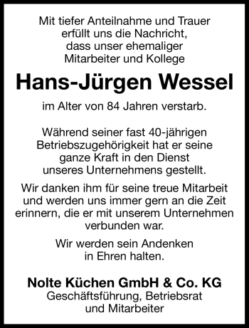 Traueranzeige von Hans-Jürgen Wessel von Westfalen Blatt