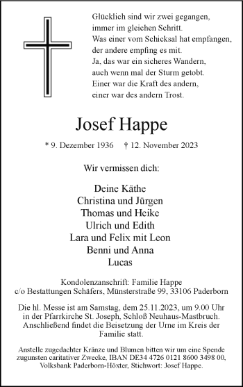 Traueranzeige von Josef Happe von Westfalen Blatt