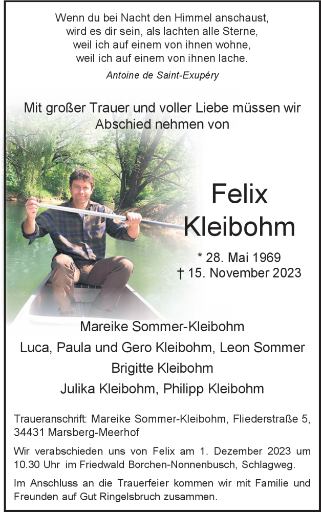  Traueranzeige für Felix Kleibohm vom 22.11.2023 aus Westfalen Blatt